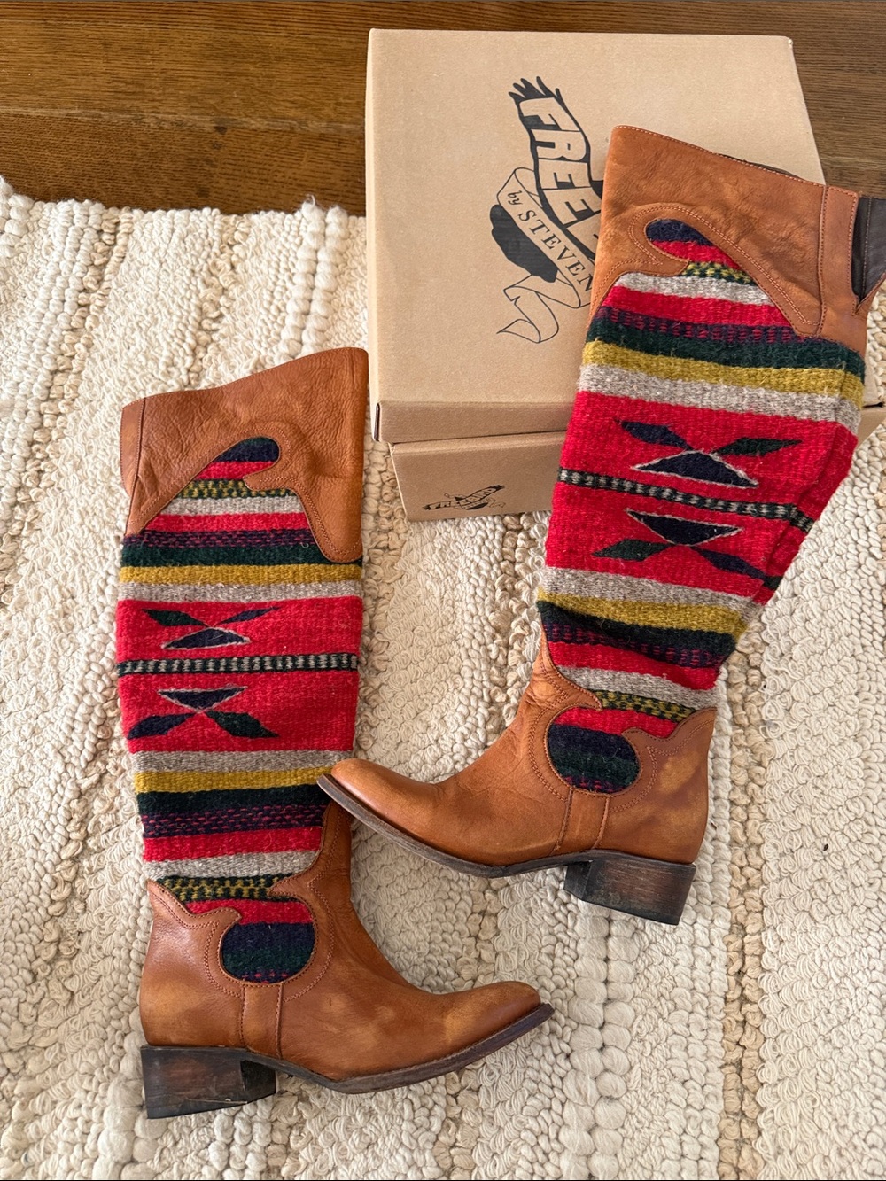 Freebird by Steven Women's Rare Tan Leather & Red Aztec Knit Knee Boots US 7